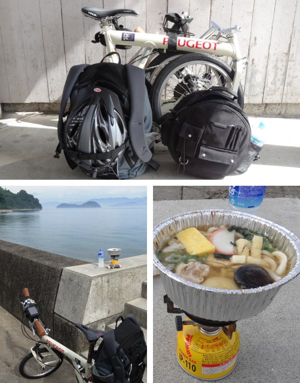 道中のコンビニで売っている「冷凍麺」を半分解凍する位に自転車で持ち歩いて海辺の雰囲気の良い場所でコンパクトなガスコンロで暖めて食べました